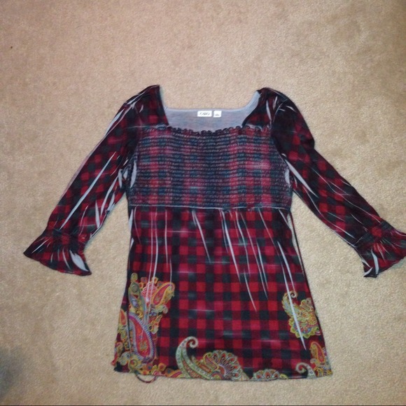 Red/black buffalo plaid peasant top with paisley - Picture 1 of 3