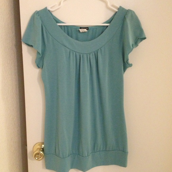 Teal blouse with fluttery cap sleeves