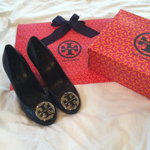 Tory Burch Shoes - Tory Burch Sophie Wedge- Black w/ Gold Logo sz 8.5