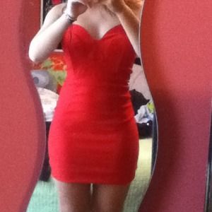 Red strapless dress