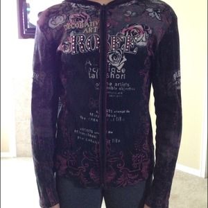 %Printed black zip-up hoodie