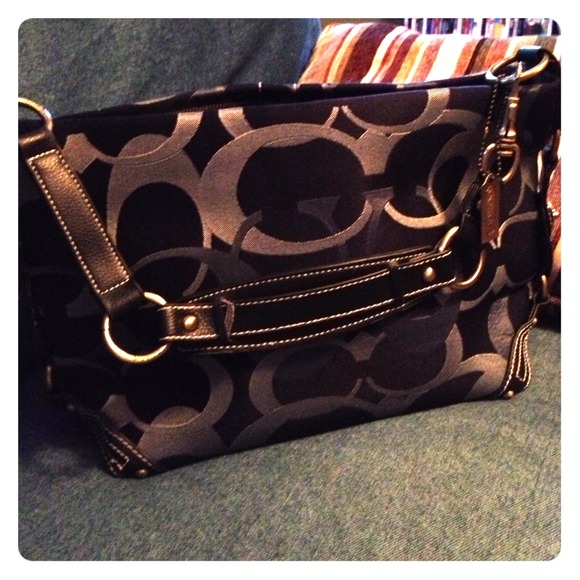 Blue fabric faux coach shoulder bag
