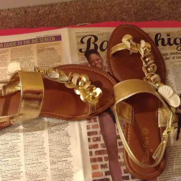 gold and while sandals