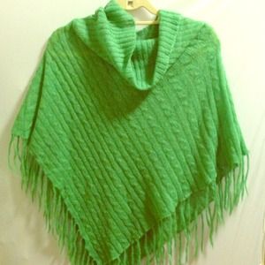 Light Green Cable Knit Frayed Poncho