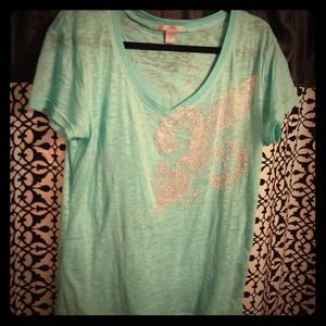 Plus Sized 2X/3X Tiffany Blue T-Shirt w/Rhinestone
