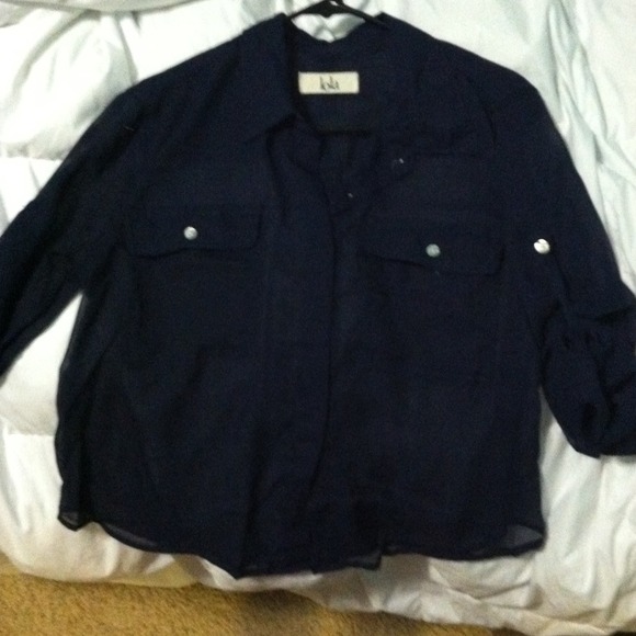 Small, navy blue sheer button-up top