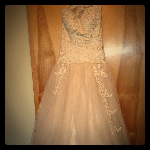 Champagne vintage lace halter wedding dress👰🎩👰