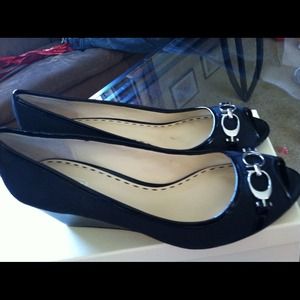 Size 9 black coach heeled peep toe wedges