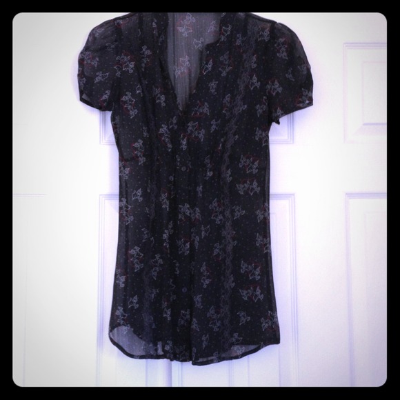SOLD KIRRA Navy XS Love Birds Sheer Blouse Top