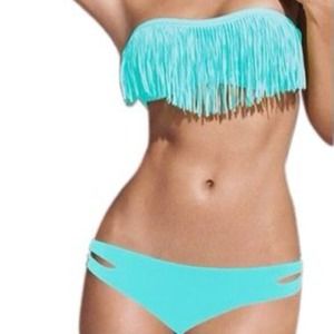 Boho Fringe Bandeau Swimsuit in Aqua