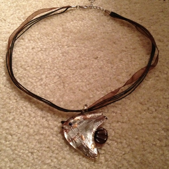 Charming glass fishy necklace w/brown fabric cord