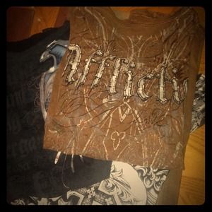 Three affliction T-shirts 2lg and one Xl