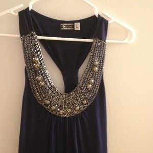 Jeweled neck navy blue dress