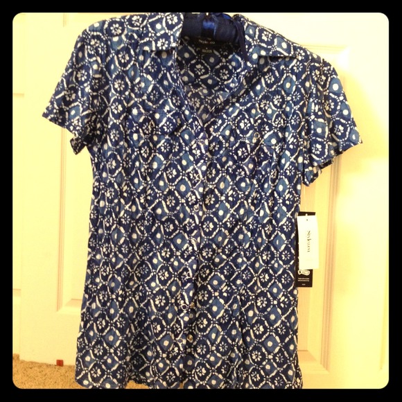 Style  & Co., Batik Tile Blue, button front blouse