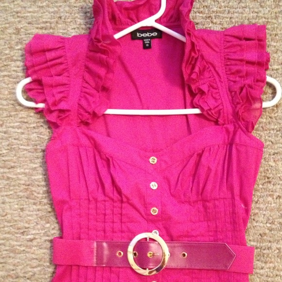 Pink BEBE blouse with crystal button detail & belt