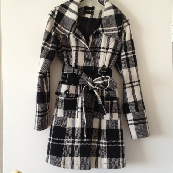 Black & Beige Wool Plaid Checkered Trench Coat
