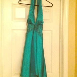 Short teal beading dress backless
