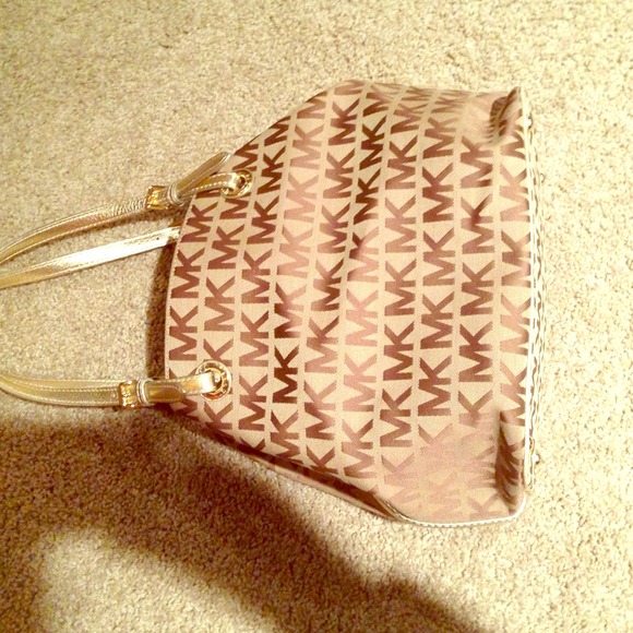 MK gold logo canvas bag w gold leather trim