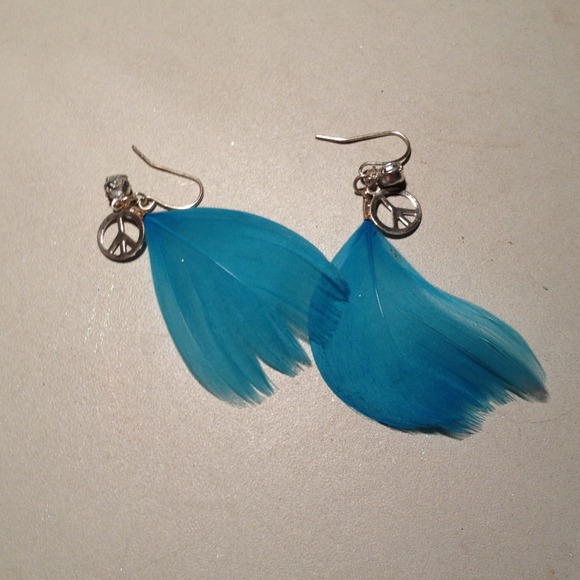 Blue feather peace sign earrings