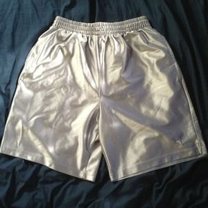 Grey/silver basketball shorts.