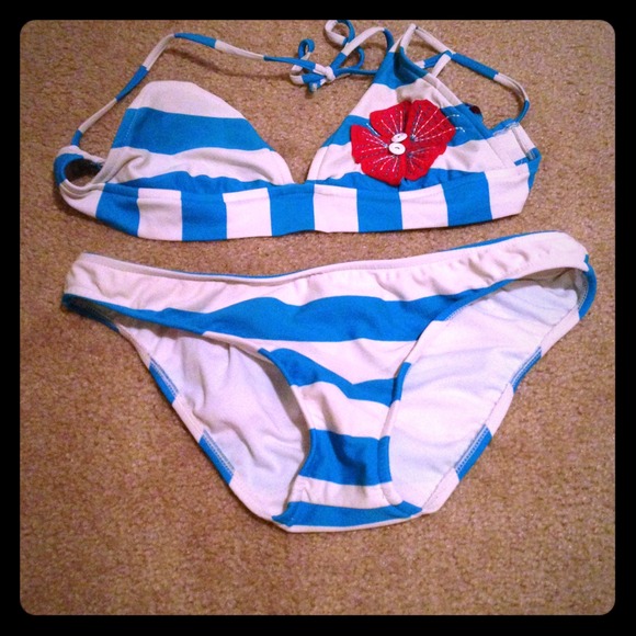 Blue and White Striped Bathing Suit