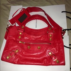 Balenciaga Giant City gold hardware in coral red