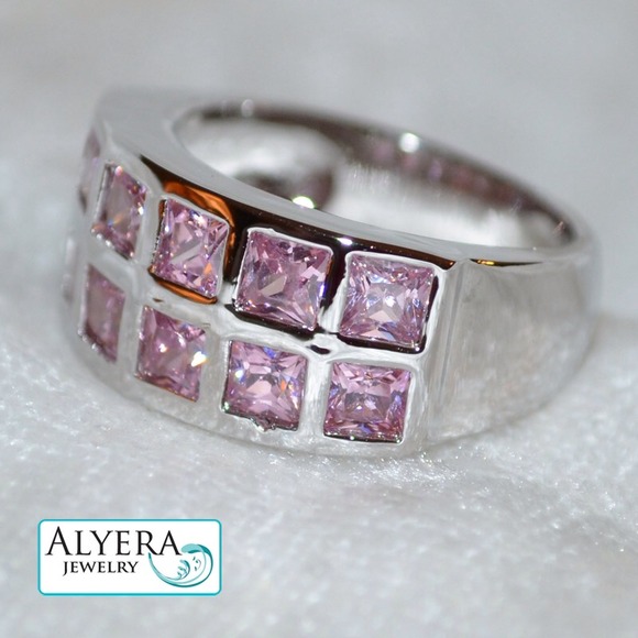 NEW! Pink Topaz (lab) Grid Ring 18KT W Gold Filled - Picture 1 of 3