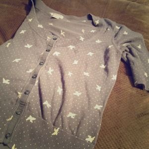 Gray sweater with polka dots and birds