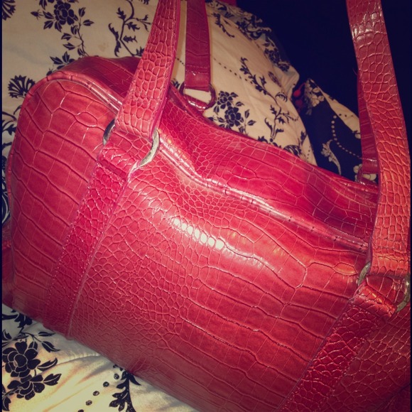 Red Leather Croc Duffle Bag