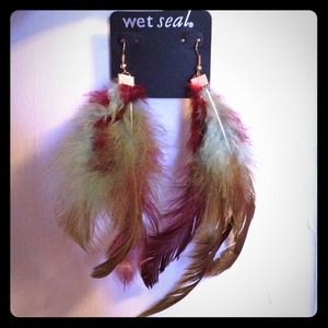 Red light blue and green feather earrings