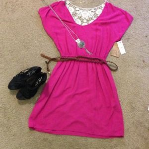 Sold Hot pink short sleeve lace back dress with