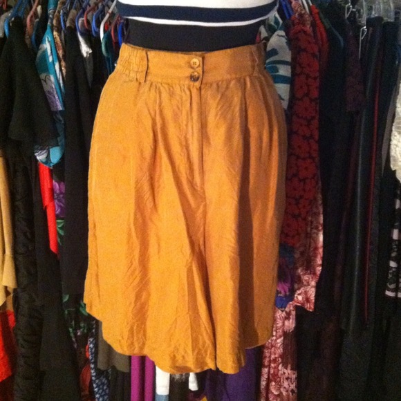 SOLD High waisted, silk, mustard shorts