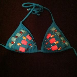 Adorable aqua bikini top with pretty bead design