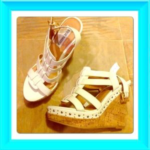 Trendy white cork wedge sandal with nailhead trim