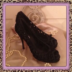 ALDO Black Satin Basketweave Bow Front Pumps