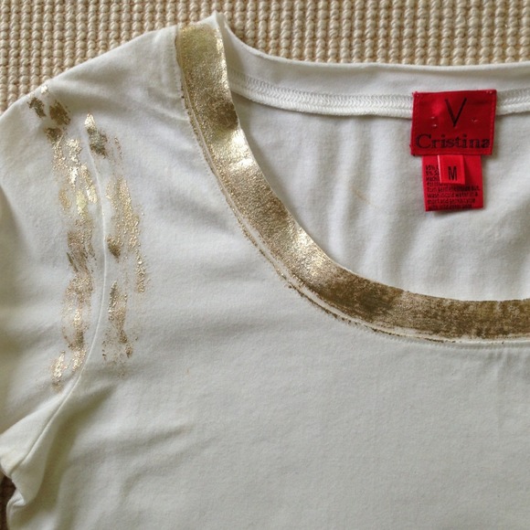 White Tee Shirt with Gold Metallic Trim M - Picture 2 of 3