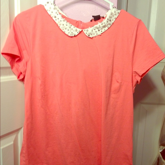 H&M coral top with beaded cream collar