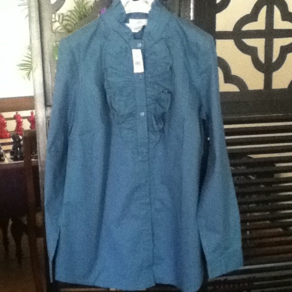 Blue ruffled long sleeve blouse
