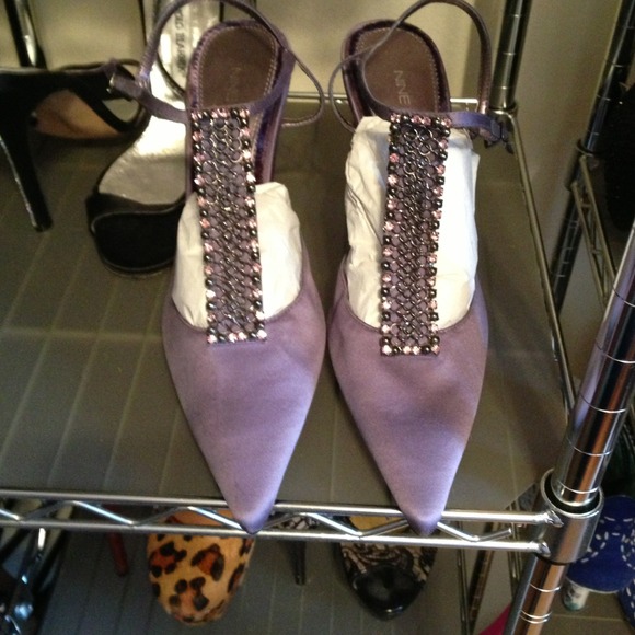 Nine West Purple Satin Jeweled T-Strap Pumps