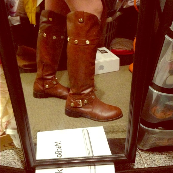 INC Tan Tall boots with gold screw studs