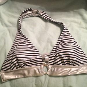 Black, silver, and white stripe bathing suit top
