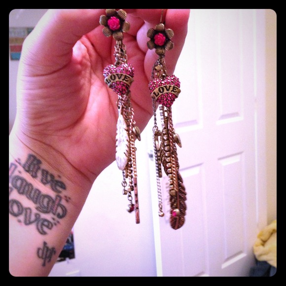 Betsy Johnson drop earrings. heart feather & gem.