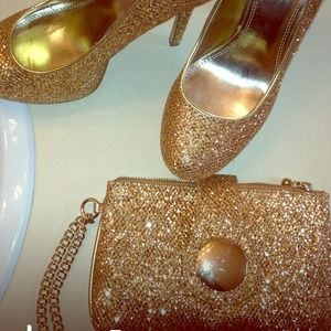 Gold Glitter pumps with matching clutch from Baker