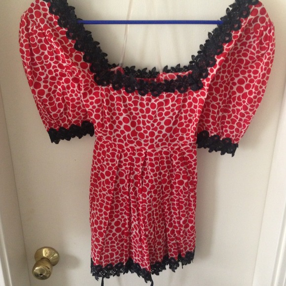 Red and white polka dot blouse w/ lace detail