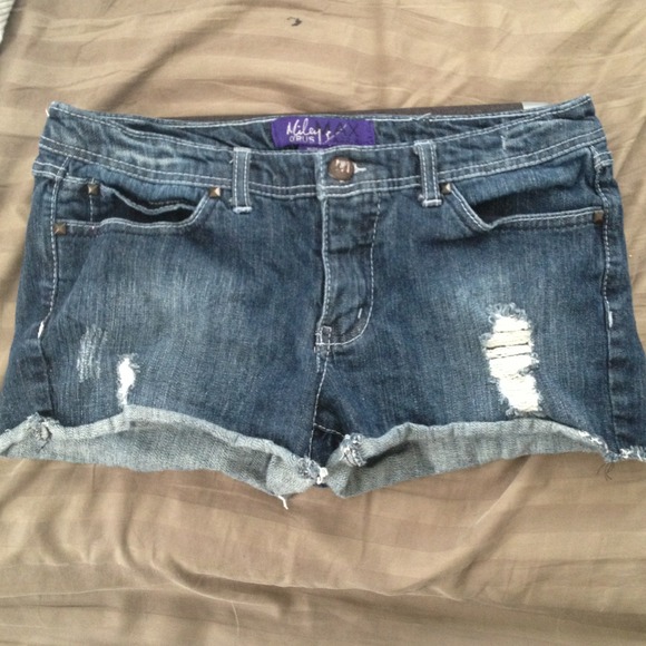 Miley Cyrus Max Azria destroyed dark wash shorts