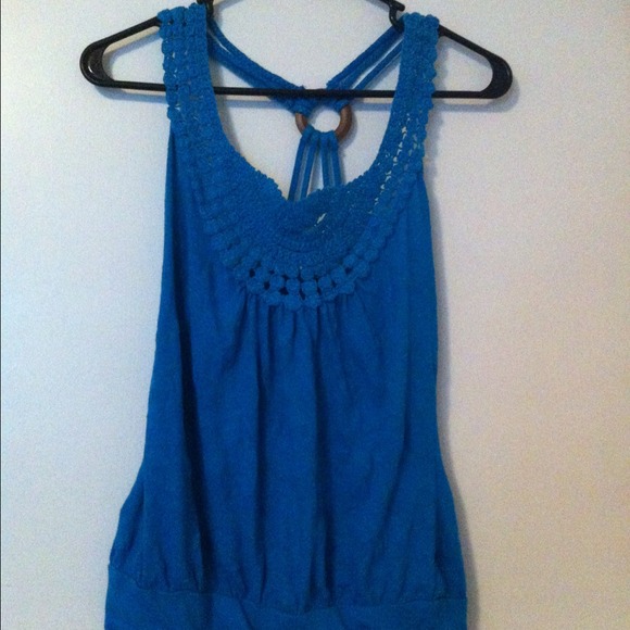 Blue summer tank with crocheted straps and detail