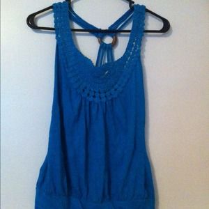 Blue summer tank with crocheted straps and detail