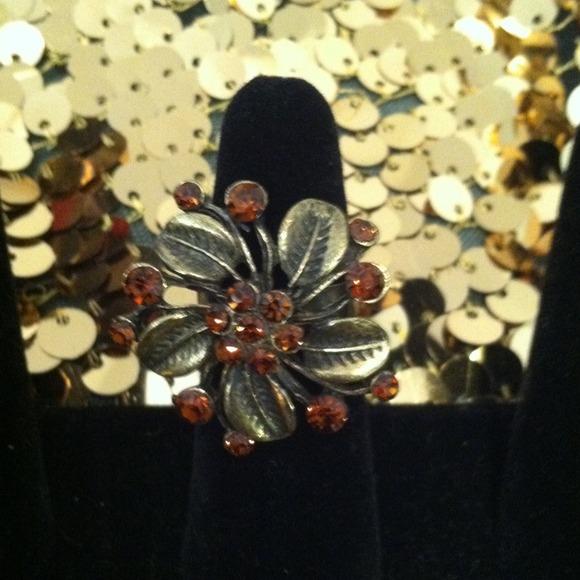 Brass Toned Flower Ring with Dark Orange Stones - Picture 1 of 1