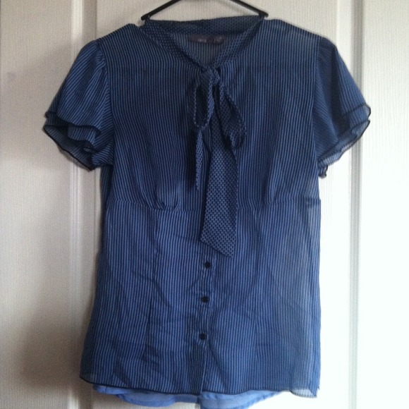 Blue pinstriped blouse with tie at neck