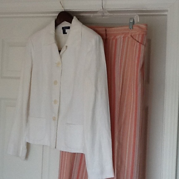 Cream colored blazer with striped pants